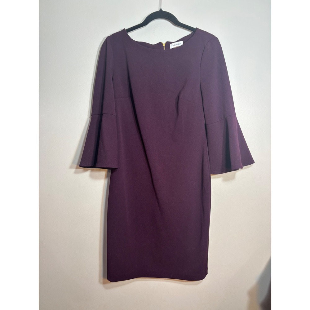 Calvin Klein Purple Bell‎ Sleeve Sheath Dress Size 12 Eggplant Gold Zip Career